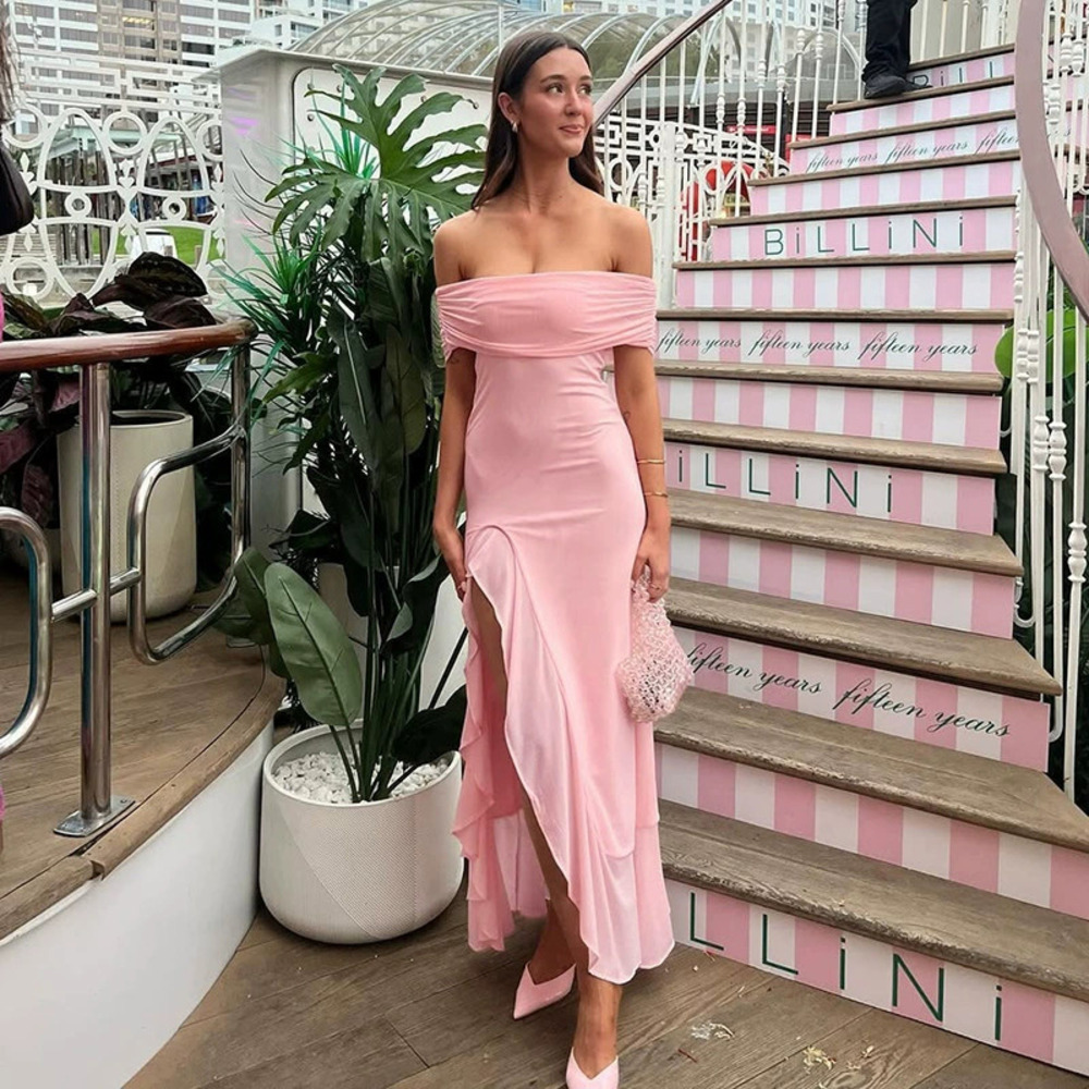 ZARA Elegant Summer Strapless Off Shoulder Ruffle Slit Mesh Maxi Dress